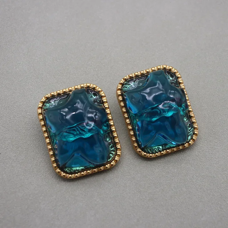 Vintage Jewelry Large Jelly Glass Ear Clip Ocean Starfish Vintage Gilded Square Earrings
