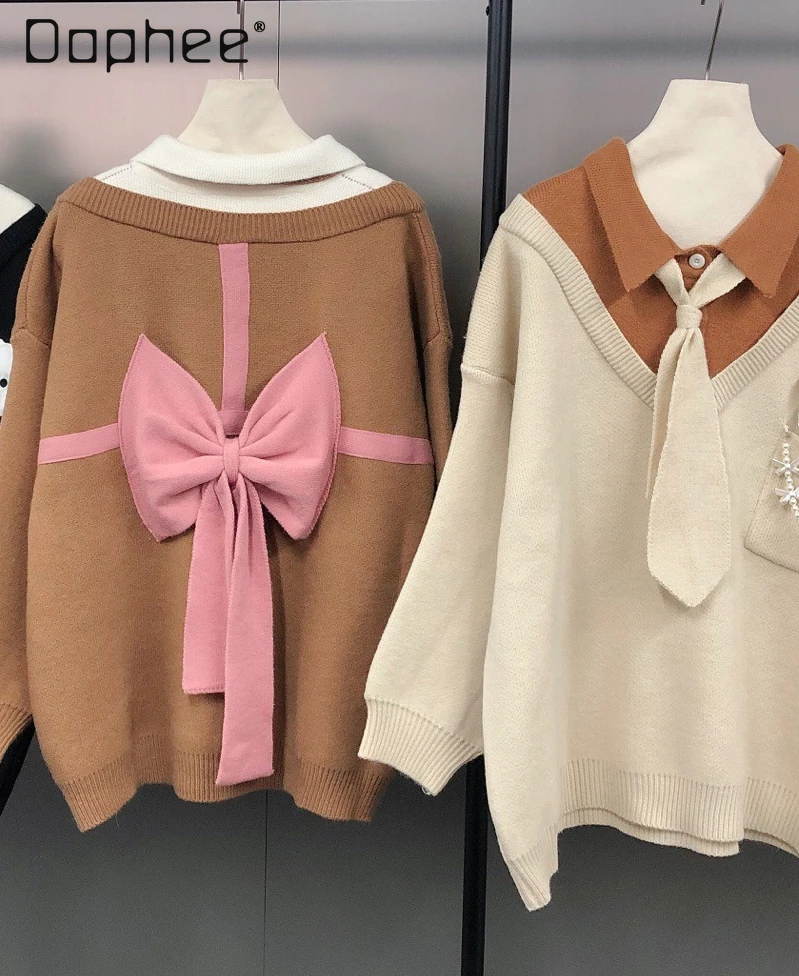 

Sweet Korean Style Age-Reducing Design Cartoon Bowknot College Style Soft Girl Tie Loose Color-Block Sweater Long Sleeve