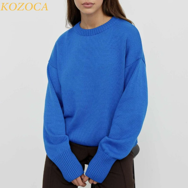 Kozoca Sweaters for Women 2023 Winter Vintage Solid O-neck Knitted Oversized Sweater Women Jumper Long Pullovers Sueter Mujer