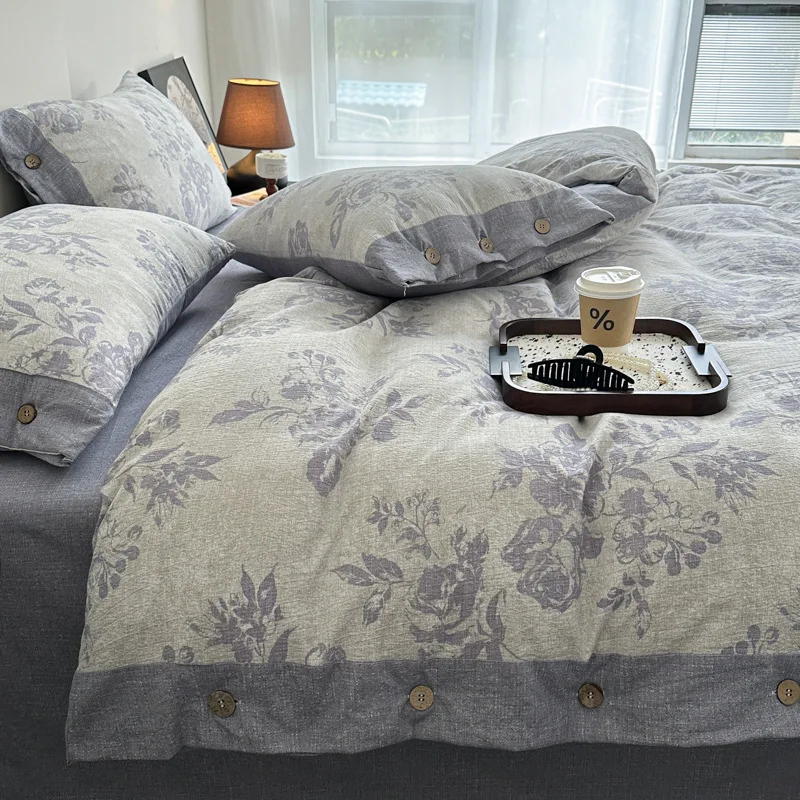 Retro Linen Double-Layer Yarn Bedding Set Class A Thickened Plant Prints Bedclothes High Quality Skin-Friendly Buttons Bed Linen