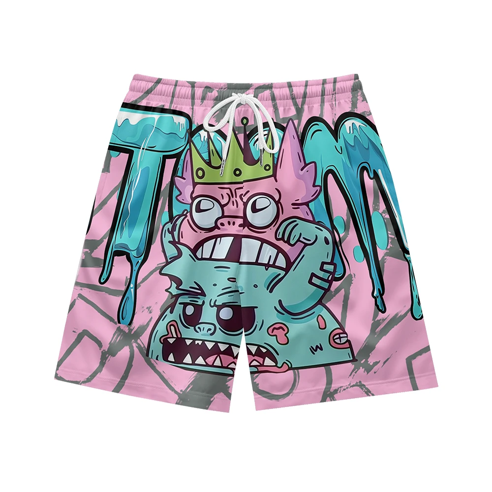 Cute monster pattern suitable for daily wear, simple temperament, casual trend, summer men's drawstring beach sports shorts