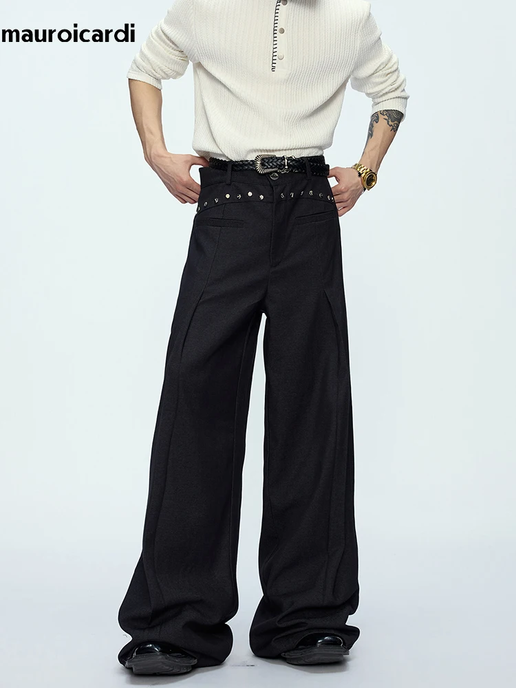Mauroicardi Spring Autumn Cool Long Black Flowy Baggy Wide Leg Pants for Mens Loose Luxury Designer Clothes Chic Trousers 2026