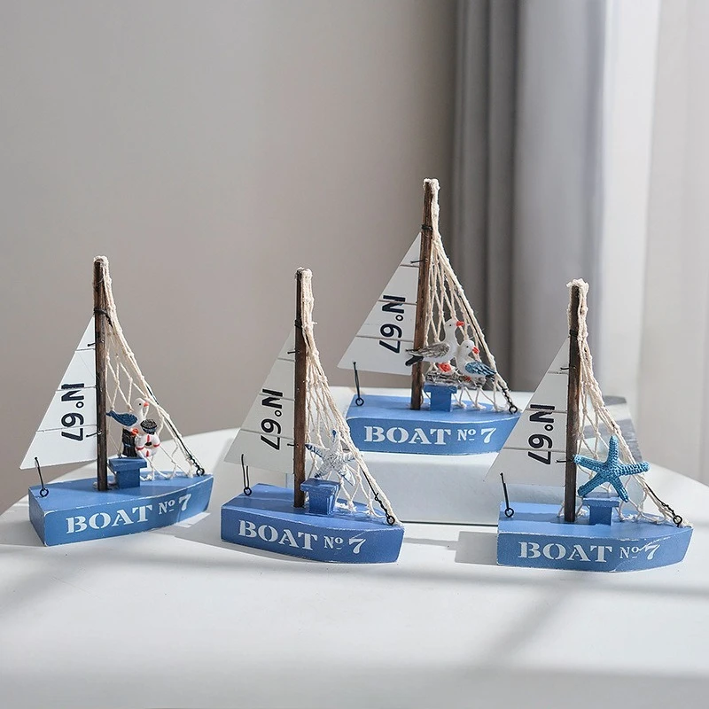 Unique Mediterranean Solid Wood Sailboat Model Symbol Of Smooth Sailing Creative Desk Decoration Craft Present Wooden Figurines