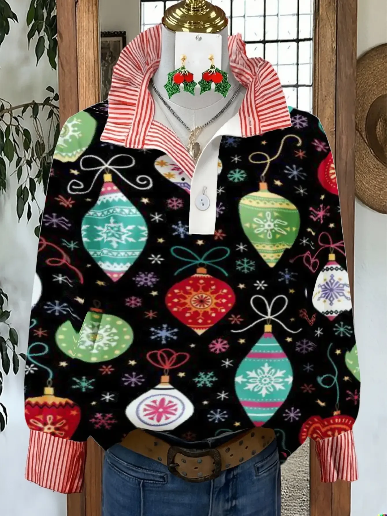 

Women's striped casual fashion shirt, multi-color striped collar, Lotus leaf edge and layered collar design