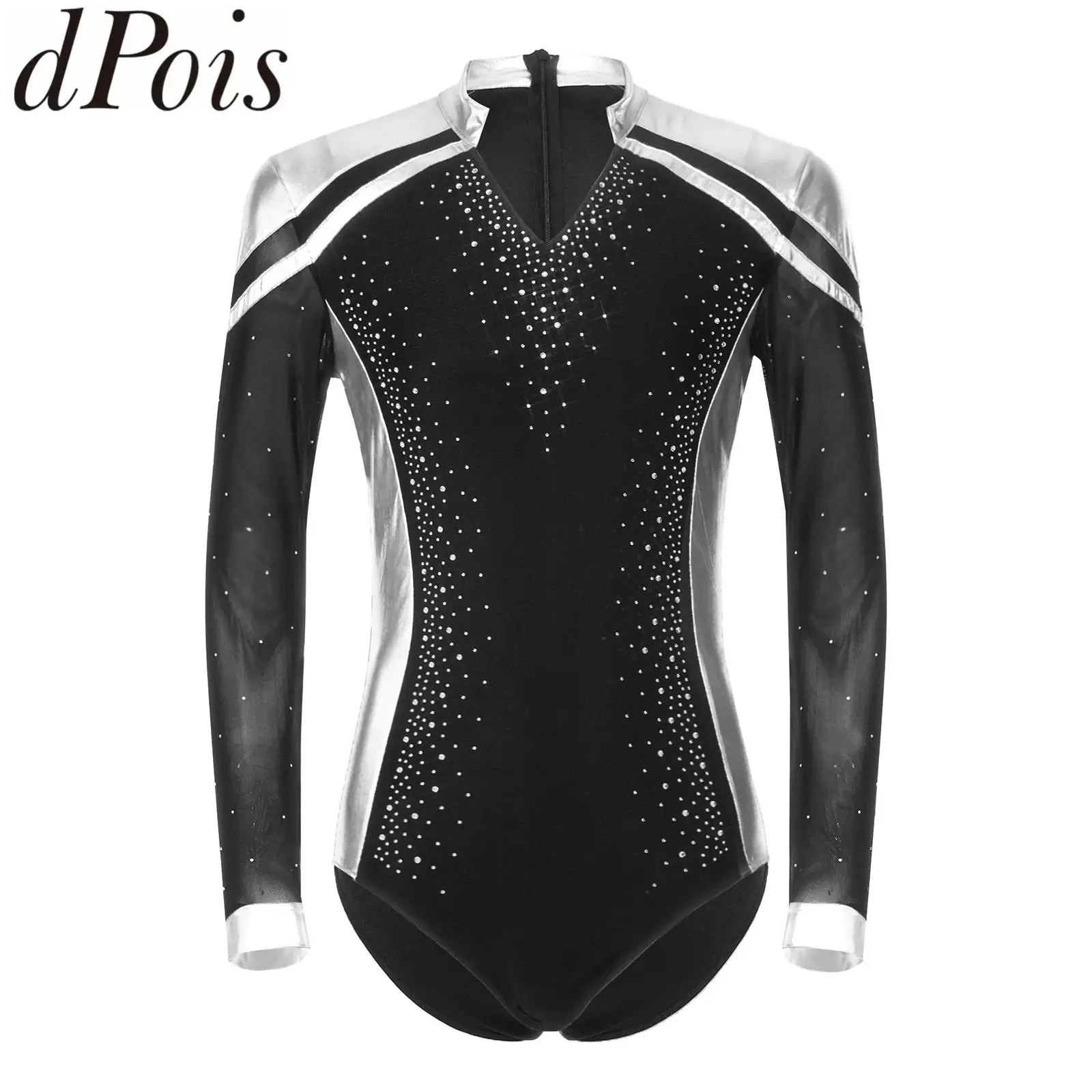 Men Gymnastics Figure Skating Ballet Dance Jumpsuits Sheer Mesh Long Sleeve Rhinestones Leotard Latin Rumba Cha-cha Bodysuits