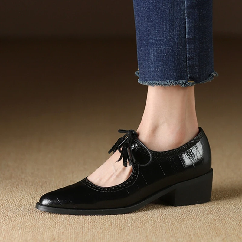 

NEW Spring Women Pumps Genuine Leather Shoes for Women Pointed Toe Chunky Heel Shoes Elegant Mary Janes High Heel Tassels Shoes