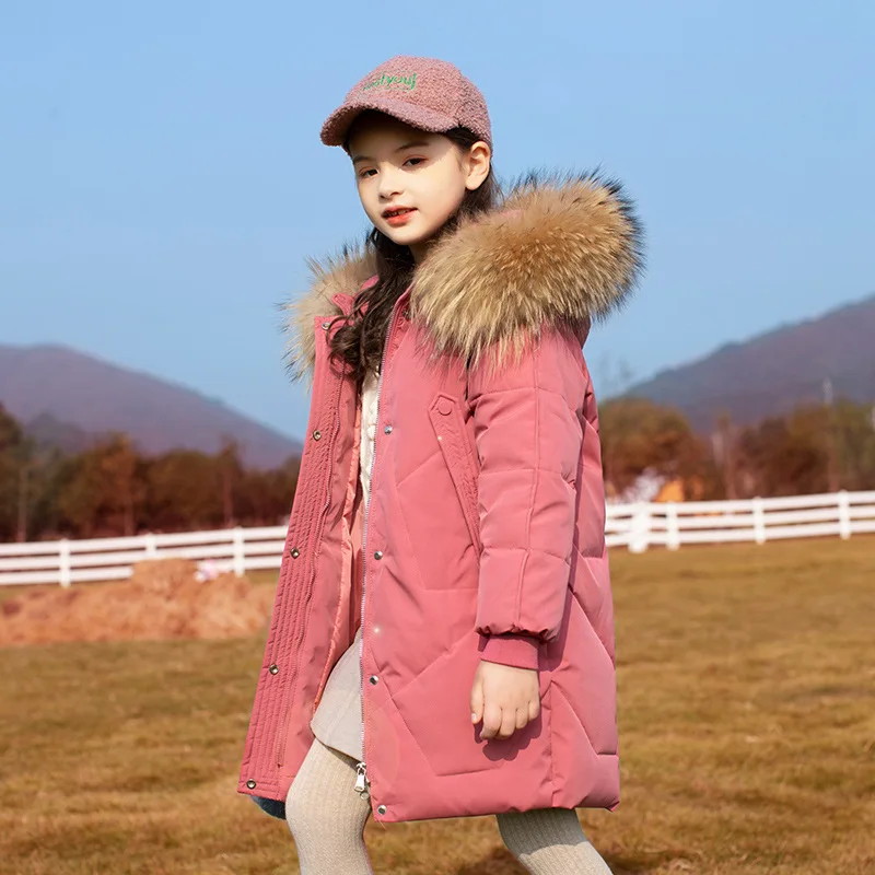 

OLEKID 2024 Winter Down Jacket For Grils Waterproof Real Raccoon Fur Girls Outerwear Coat 5-14 Years Kids Teenage Parka Clothes