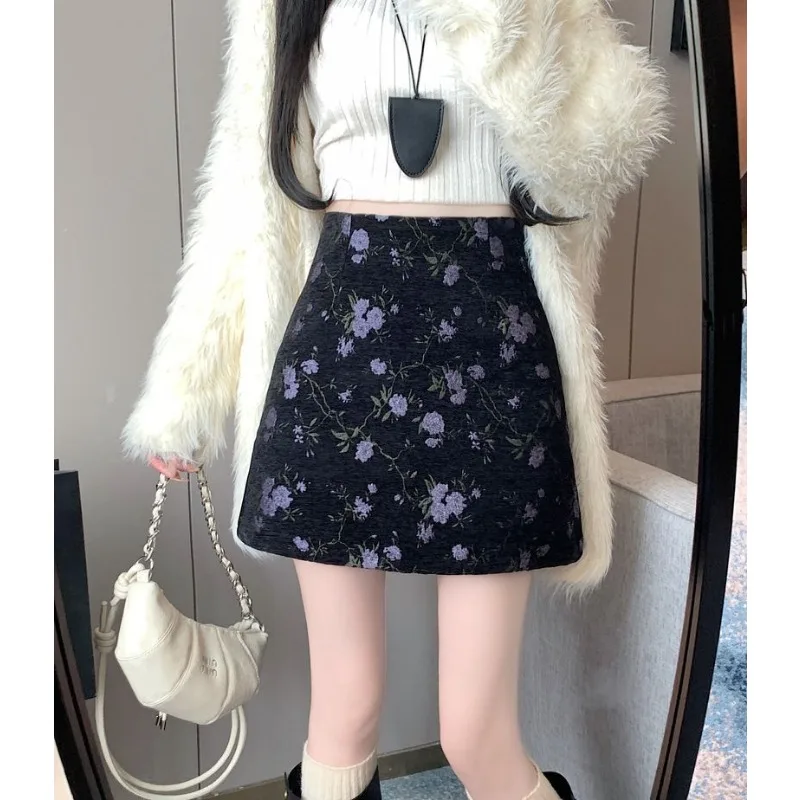 

Korean Style High-waist Floral A-line Hip-covering Skirt for Women Autumn New Retro Jacquard Women's Slim Skirt