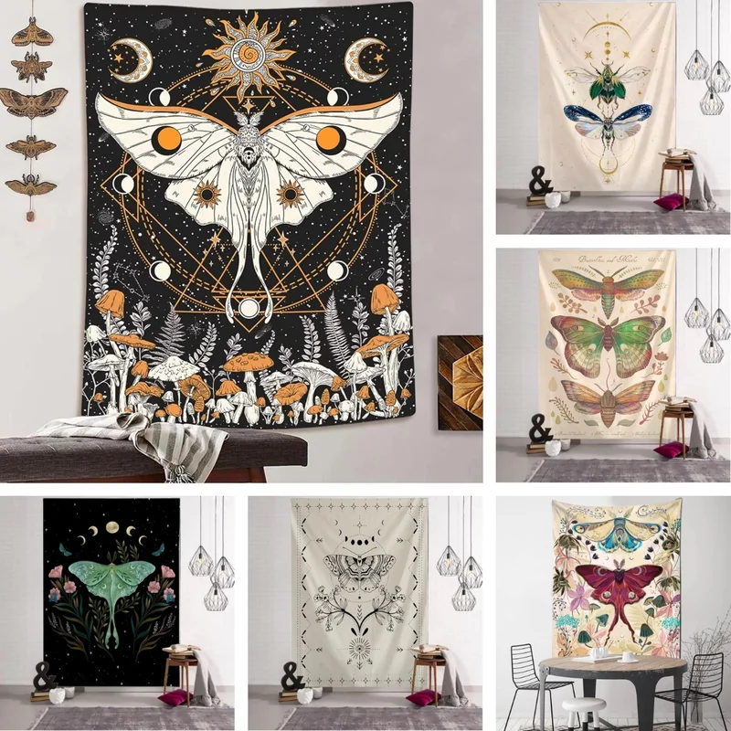 VIKAMA Luna Moth Tapestry Moon Phase Celestial Botanical Insect Wall Hanging Cottagecore Boho Bedroom Dorm Wall Decor