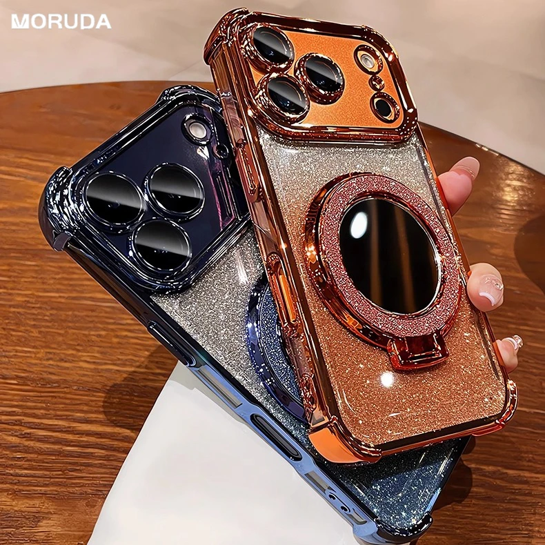 Luxury Glitter Bracket Stand Case for iPhone 17 16 15 14 Pro Max Plus 12 13 Air Mirror Ring Holder Make Up Bling Gradient Cover