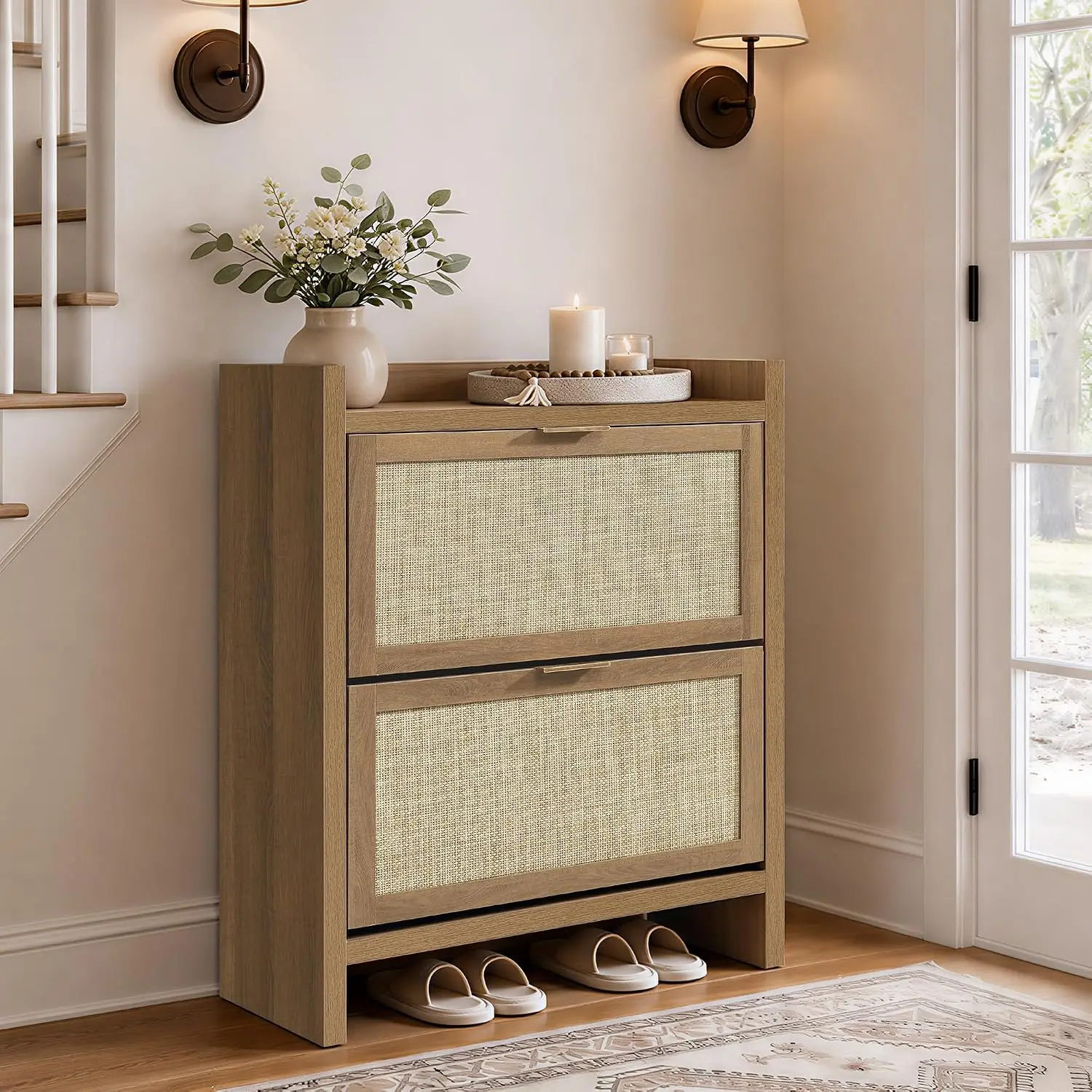 Rattan Shoe Cabinet 2 Flip Drawers 6 Shelves 20 Pairs Organizer Entryway Hallway 11.6