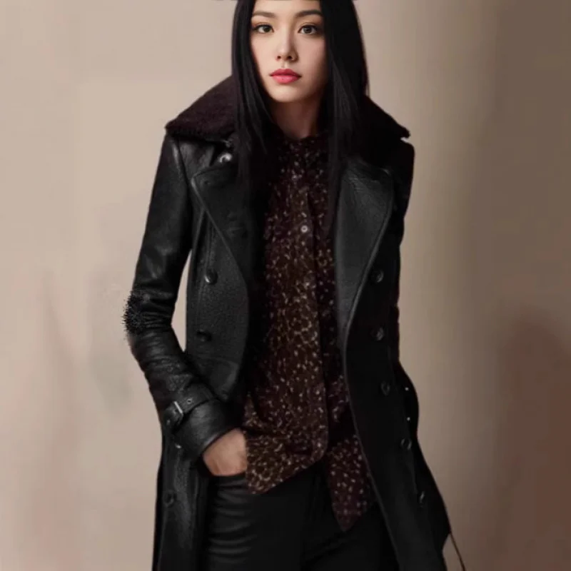 

Motorcycle Leather Women Coat British Style Thick Fur Collar Mid-Length