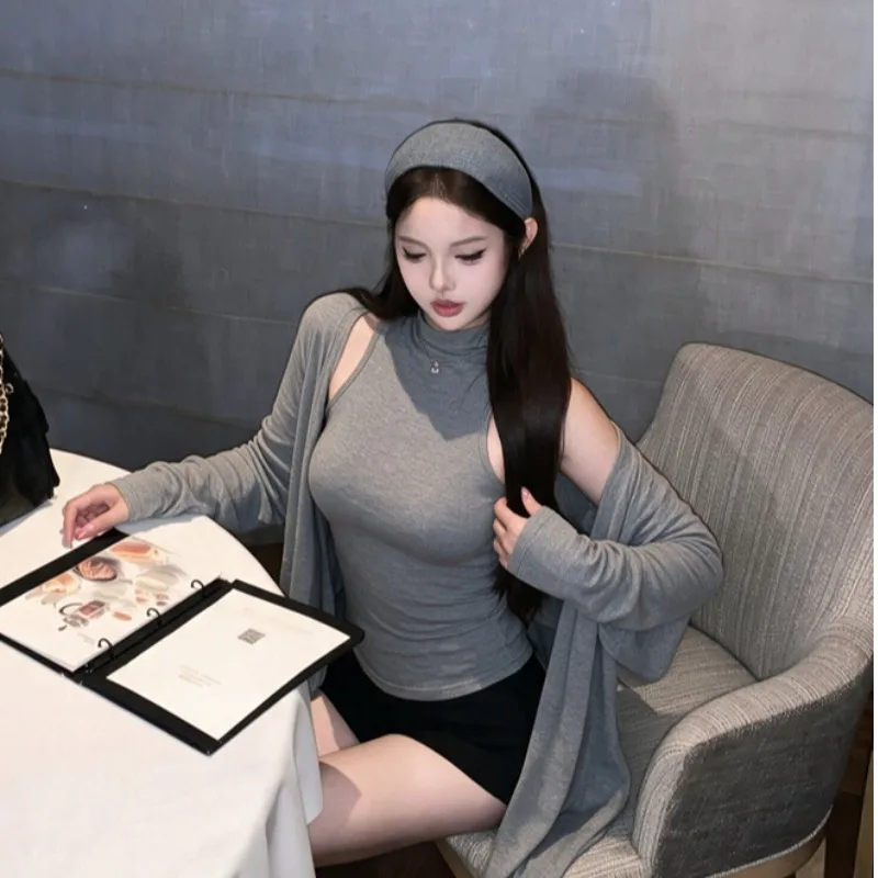 Fall 2026 Trendy Knitted Sleeveless Half High Collar Vest Cardigan Two Piece Set Women's Daily Pure Color Waist-Cinching Long...