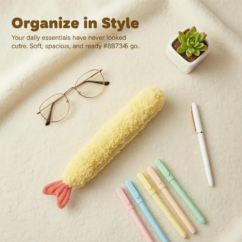 Portable Shrimp Tail Plush Pencil Pouch Cute Soft Stationery Storage Bag 1Pc for Female Students Office School Supplies