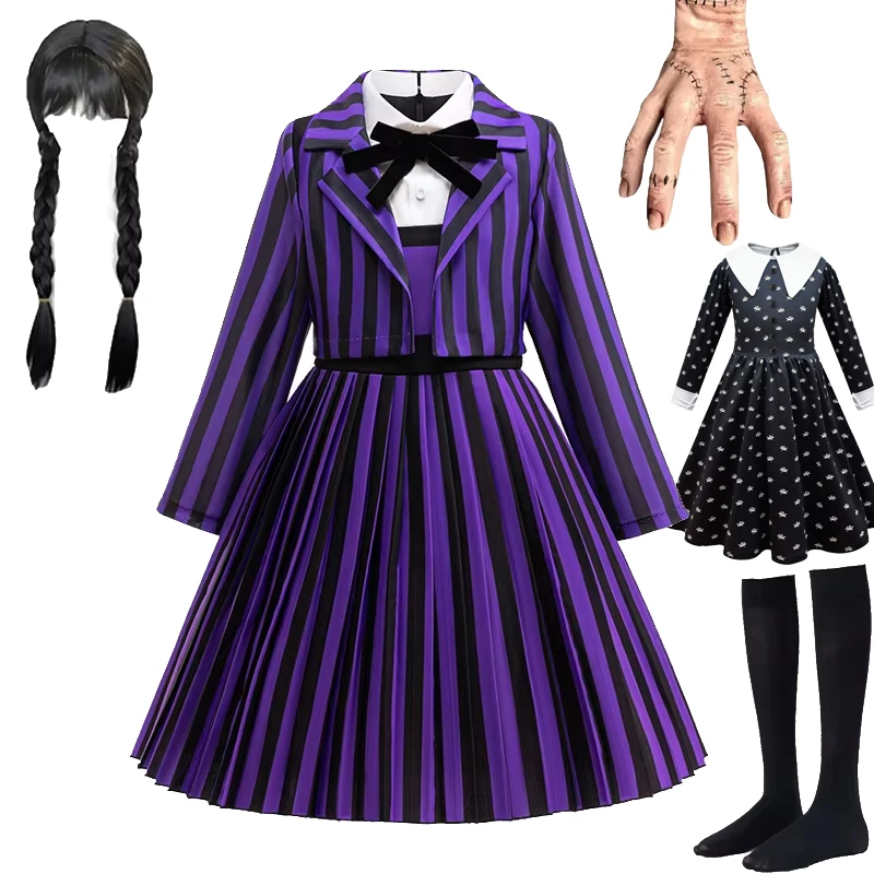 

Purple Striped Dress Girls Cosplay Costume Kids Dress+Coat Pageant College Style Set Carnival Kids Dress Up New Year Gift