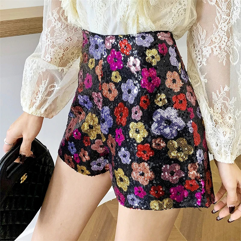 Sexy Club Slim Fits Pants Rave Party Clothes Women Summer Sequin Shorts High Waist Sparkly Glitter Straight Shorts Pants SL214
