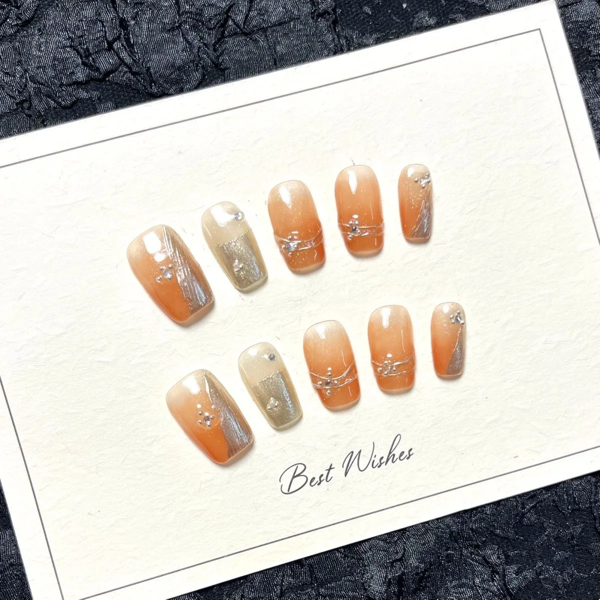 

10pcs Handmade Wearable Short Nail Cat Eye Gilt Sequins Press On Nail Art Woman Fake Nails French Detachable Fake Nails