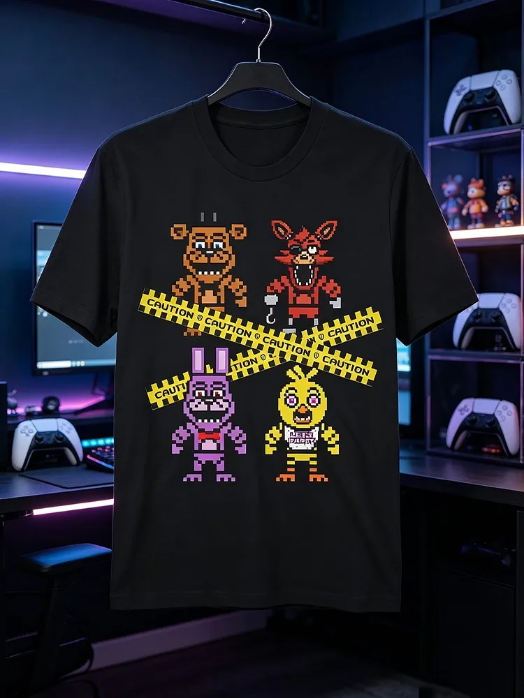 New Model for 2026New Model for 2026Five Nights Harem_ Machine Sentai Warning Line Black Tee_ Round Neck, Short Sleeves, Fit, Casual Design, Adult Size