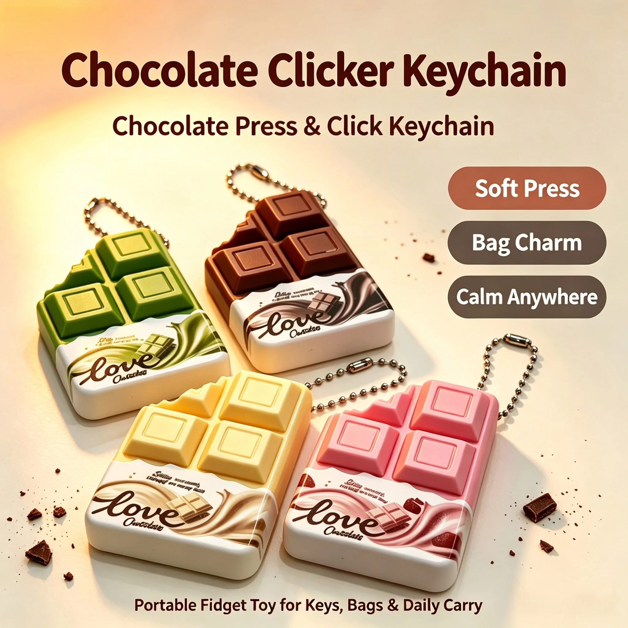 Chocolate Fidget Clicker Keychain Mini Sensory Stress Relief Toy Decompression Button Click Bag Charm ADHD Anxiety Relief Gift
