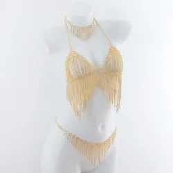 Bohemia Long Tassels Hanging Neck Rhinestone Bra Waist Chain Necklace Three Piece Set Body Chain Jewelry
