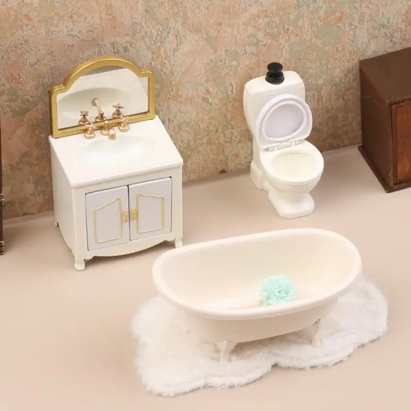 1/12 Simulazione casa delle bambole Vasca da bagno WC Lavabo Armadietto Modello Casa delle bambole Mobili da bagno Decorazione Accessori per casa delle bambole
