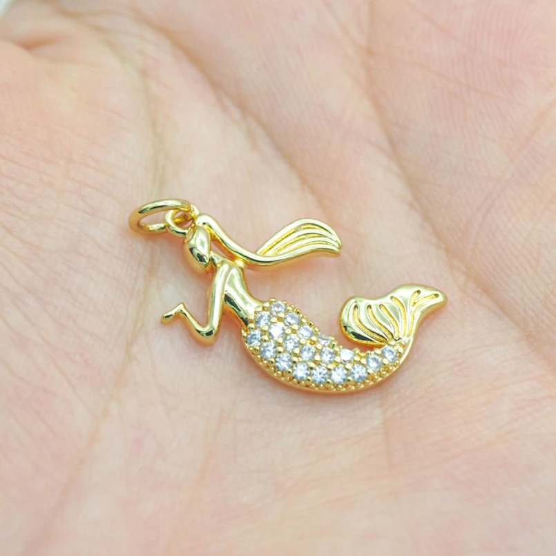 

5Pcs Animal Mermaid Charms Cubic Zirconia Copper Gold Color Approx 15.6x24.3mm Jewelry Special Gift For Women
