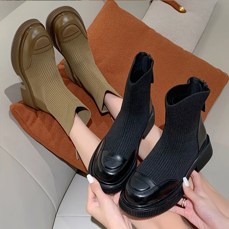 Med Heel Boots Zipper Women Shoes Autumn Round Toe Luxury Designer Boots-Women Stockings Rubber Ladies Ankle Fashion Flat 2023 S