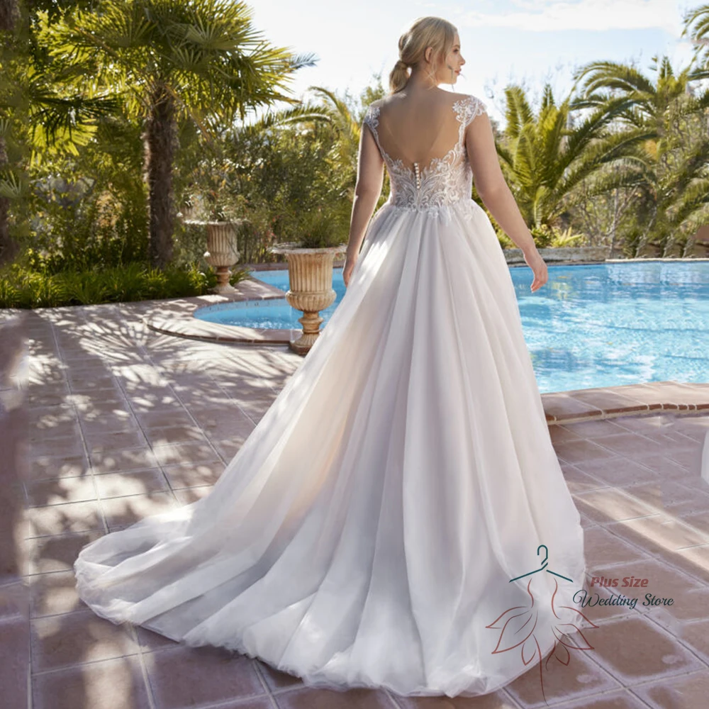 Robe de Mariée Élégante en Dentelle pour Femme, Grande Taille, Appliques, Mancherons, Tulle, Dos aux, Ligne A, Balayage, Train