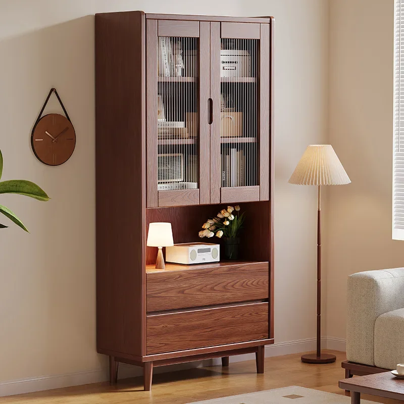 Solid wood bookcase Floor-to-ceiling glass door Living room display cabinet Locker Bedroom Home bookshelf Bookcase Combination