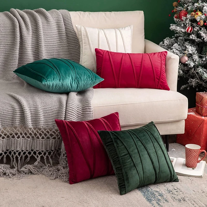 Funda de cojín de terciopelo de 30x50cm, 45x45cm, 50x50cm, funda de almohada moderna con decoración de otoño de granja, funda de almohada para Navidad, verde y rojo