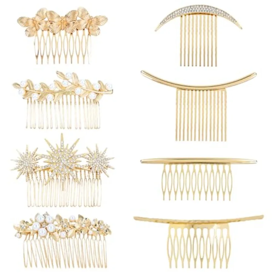 

8 Pieces Gold Metal Vintage Pearl Rhinestone Butterfly Flower Leaf Sun Moon Prom Bridal Wedding Hair Side Combs French Twist Ha