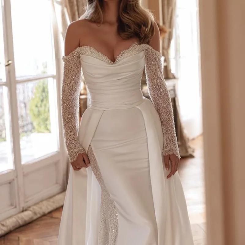 

Satin white Appliques Lace Wedding Dresses of off-shoulder fishtail decal detachable train Bridal Gowns Made Customized