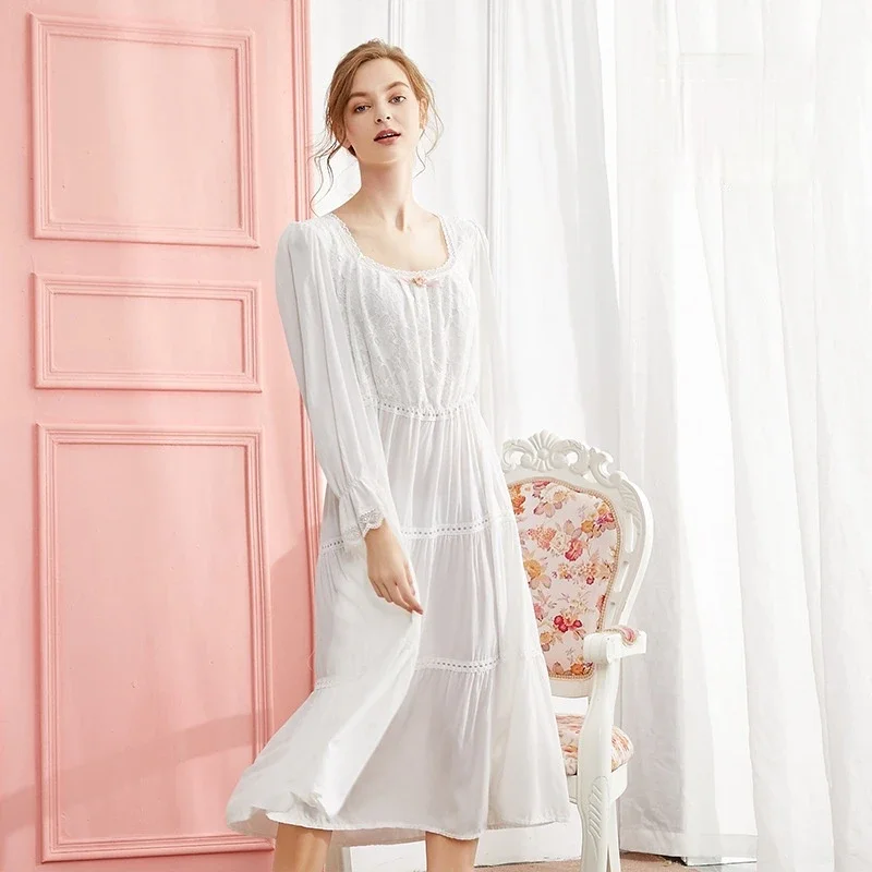 Romantic Cotton Nightgowns Women Autumn Long Sleeve White Pink Sweet Lace Loose Night Dress Victorian Vintage Princess Sleepwear