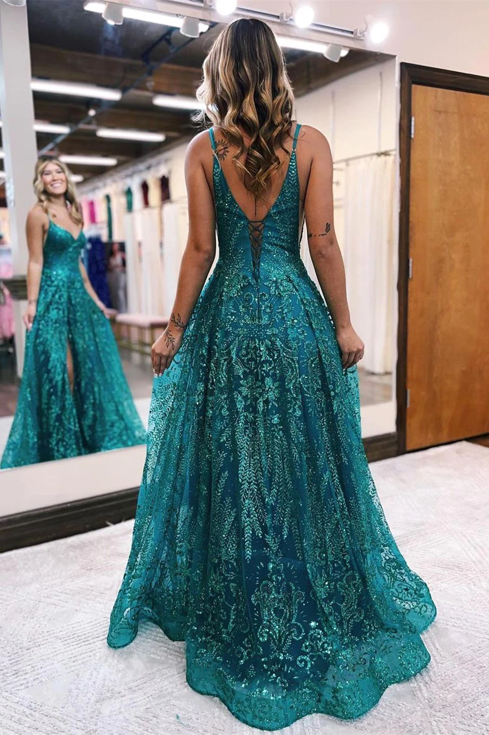 Green Sequined Spaghetti Straps Evening Dresses V Neck High Slit A Line Lilac Sky Blue Formal Party Prom Gowns Vestido De Fiesta