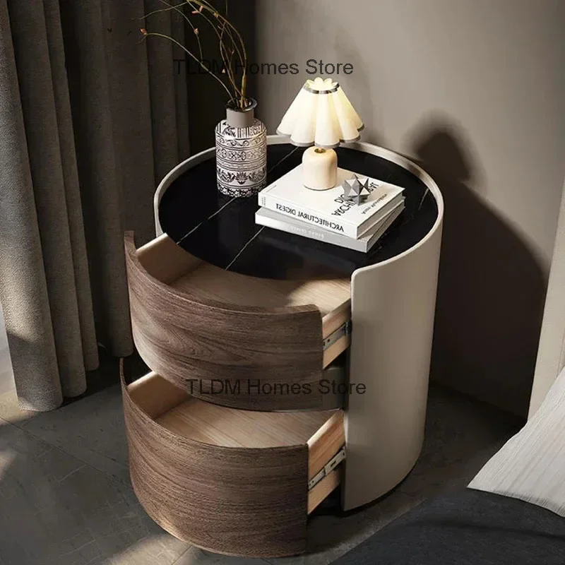 Light Luxury Designer Round Bedside Tables High-end Solid Wood Bedroom Nightstand Modern Living Room Coffee Table Home Furniture