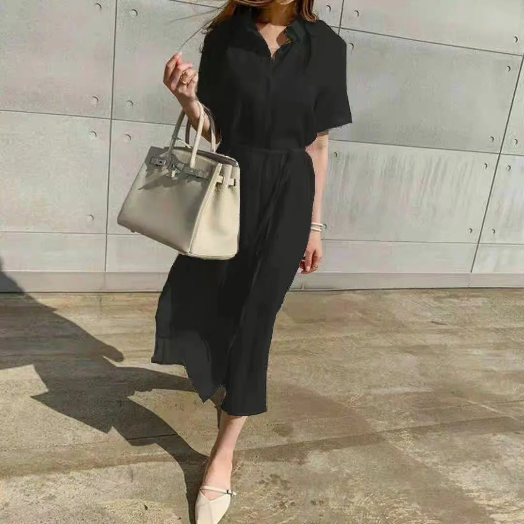 Drehen Unten Kragen Kleider Frauen Kurzarm Vestidos Gespleißt Einreiher Lange Kleid Shirts Solide Lose Beiläufige Gerade