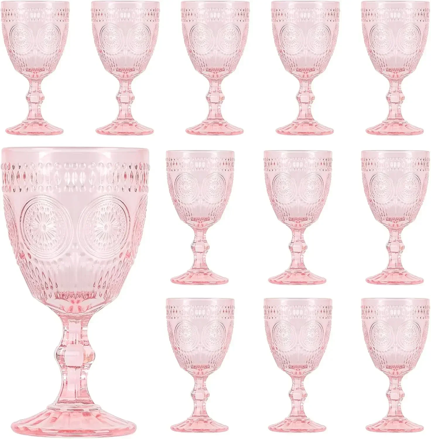 

Valentine's Day Pink Glass Goblets Wine Glassware, 10 oz Vintage Wine Glasses Set of 12, Romantic Wedding Glass Set, Embossed Dr