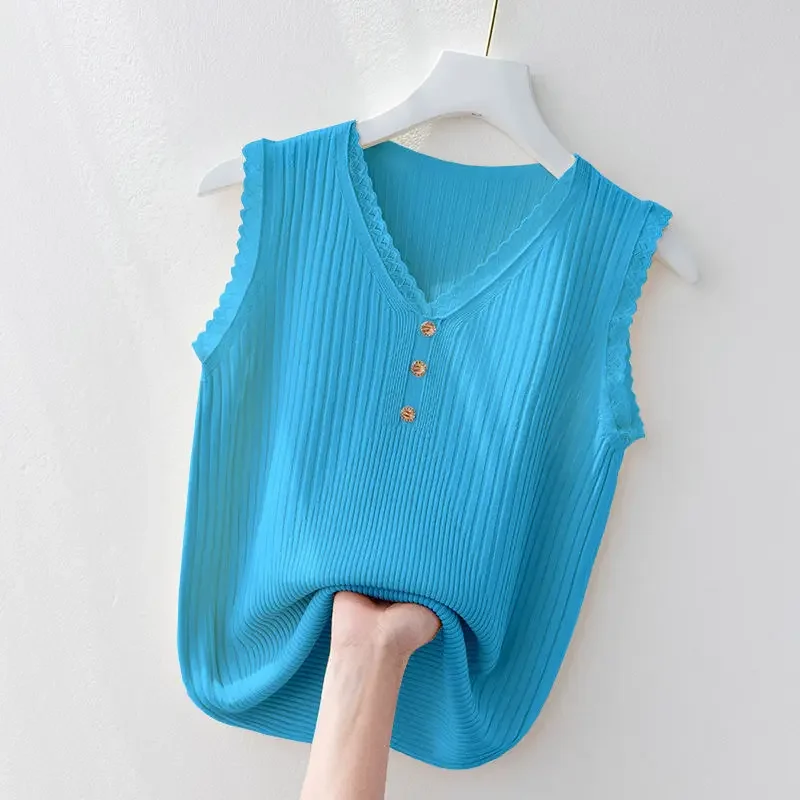 Canotta estiva in seta ghiacciata, abito interno da donna, fondo, maglione ampio che copre la pancia, gilet senza maniche con scollo a V