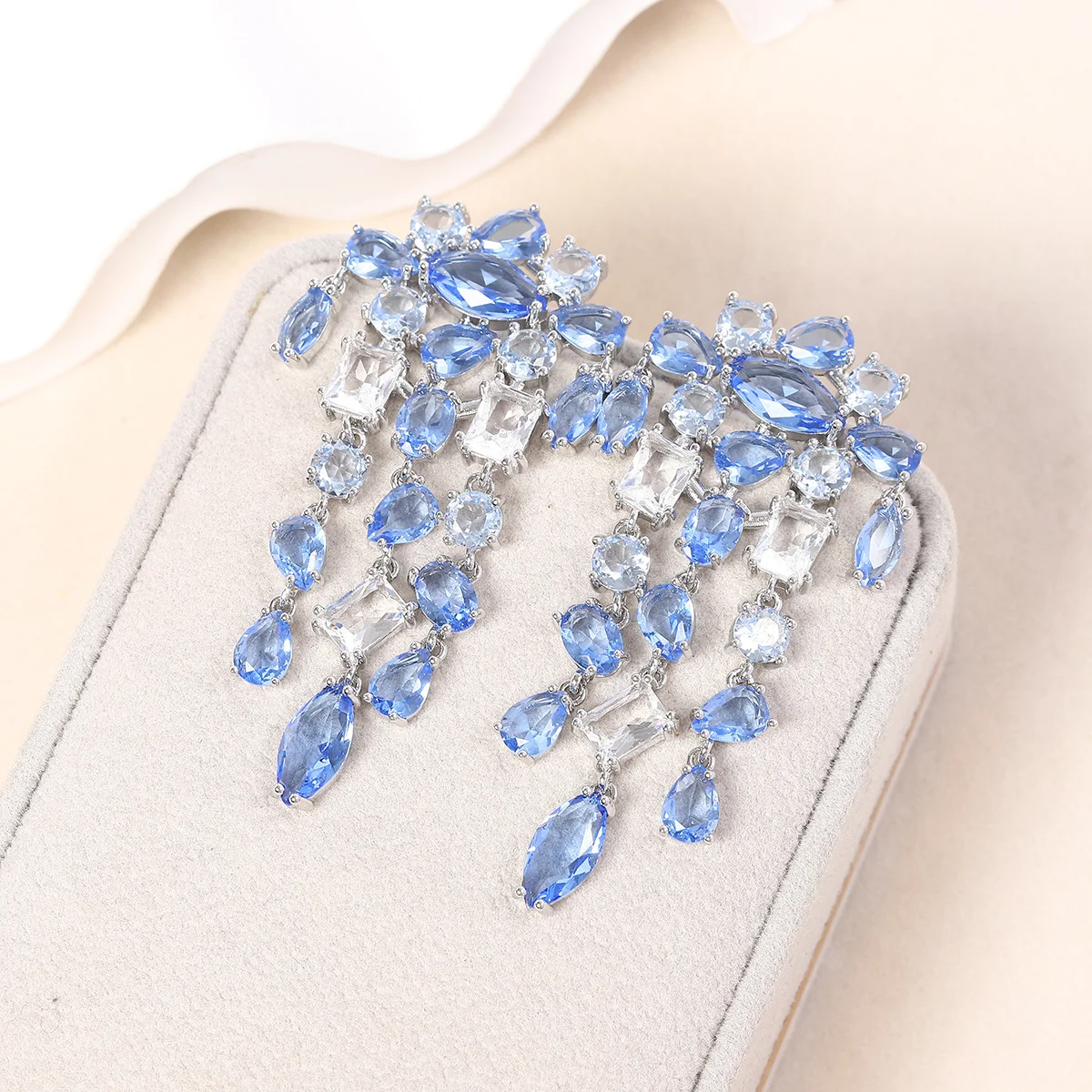 

S925 Sterling Silver Aquamarine Chandelier Earrings, Paved Multishape CZ Long Drop Earring, Chic Banquet Wedding Accessory