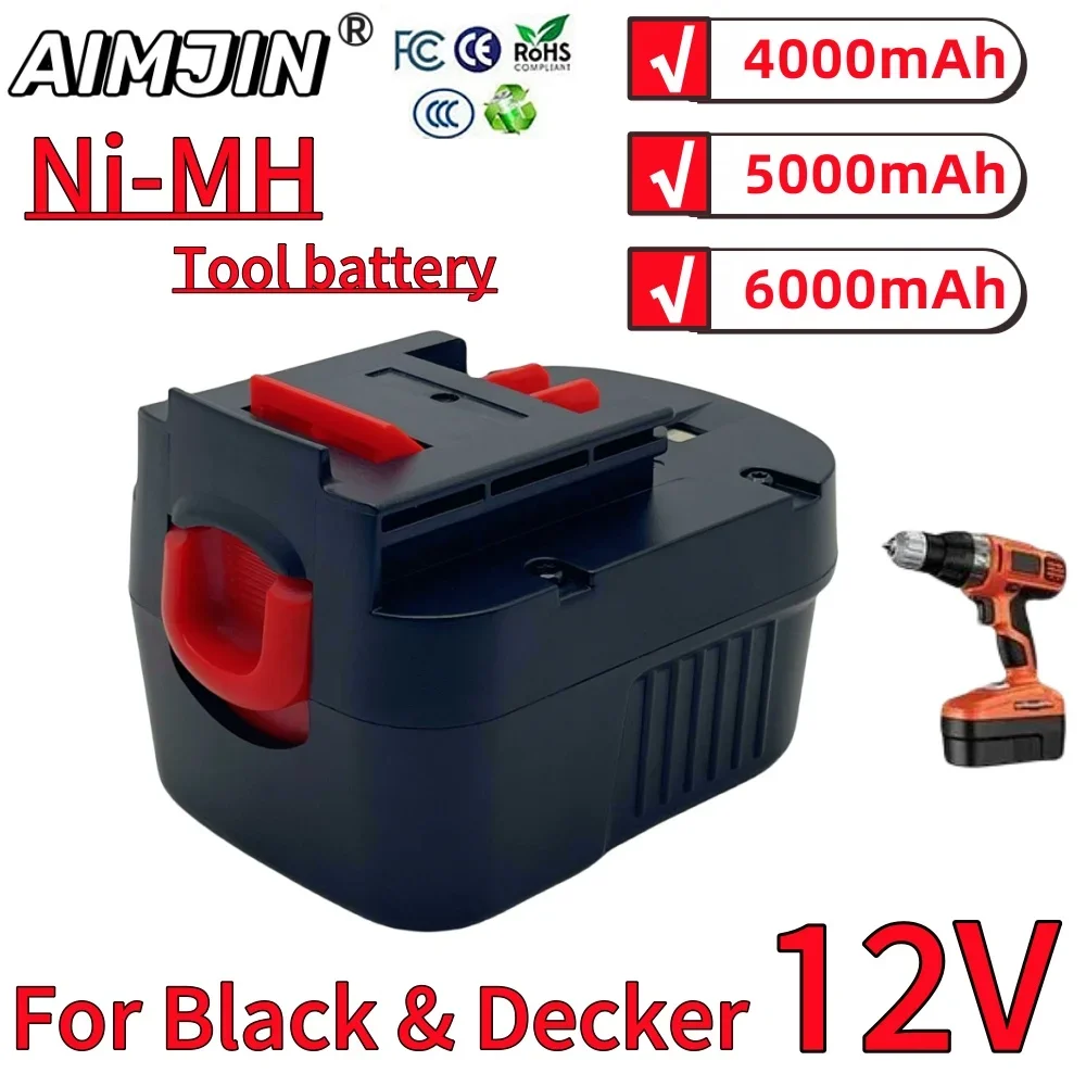 Per Black & Decker 12V 4000/5000/6000mAh Ni-MH Utensili da trapano Batteria A12 A12EX FSB12 FS120B A1712 HP HP12 Batteria ricaricabile