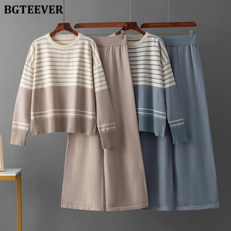 BGTEEVER Casual Loose Women 2 Pieces Knitted Outfits O-neck Long Sleeve Striped Pullover Sweaters & Wide Leg Pants Autumn Winter