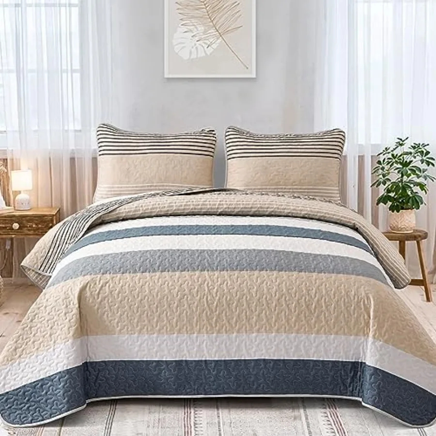

Beige Boho Quilt Size Striped Bedspread 3 Pieces Reversible Fall Quilts Bedding Set Micofiber Farmhouse Coverlet with 2 Pillowc