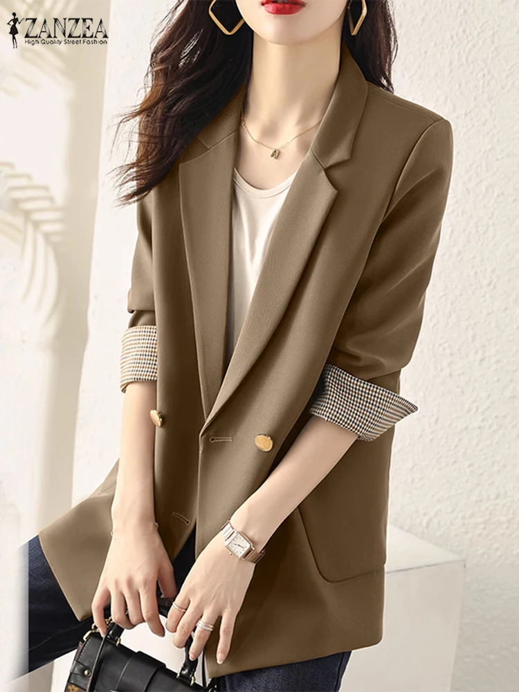 ZANZEA Fashion Lapel Neck Casual Blazer Classy Women Checked Cuffs Elegant Suit Jackets Commute Long Sleeve Autumn 2024 Blazer