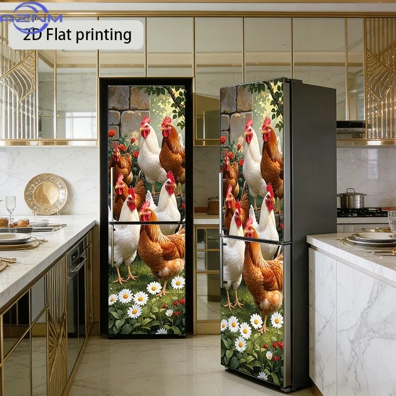 1pc Refrigerator Sticker with a Design Featuring a Group of Chickens in The Yard. This Self-Adhesive Wall Decoration Is Suitab