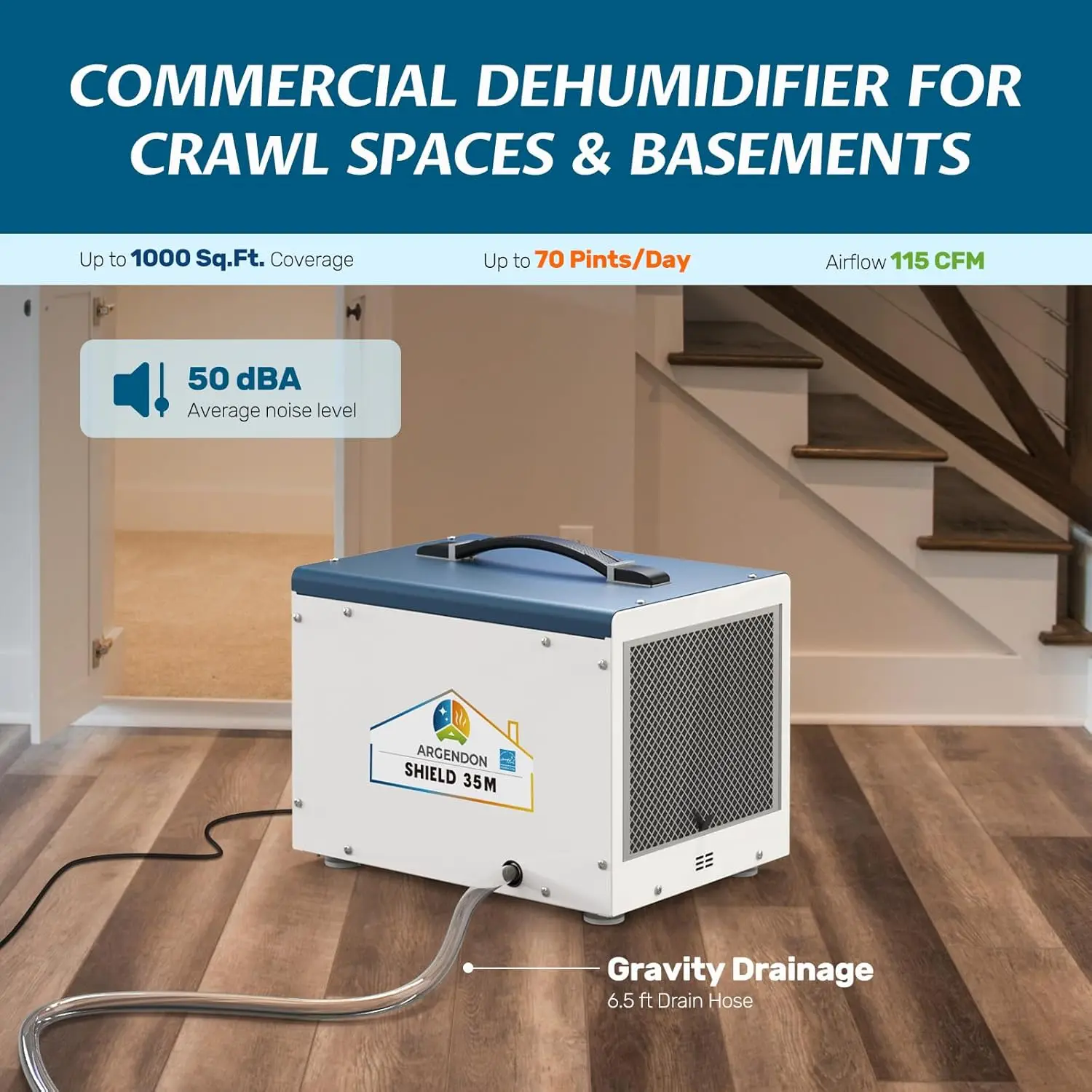 Dehumidifier for Crawlspace Basement, Energy Star Commercial Dehumidifier with Drain Hose, 70 PPD Compact Dehumidifier Ideal