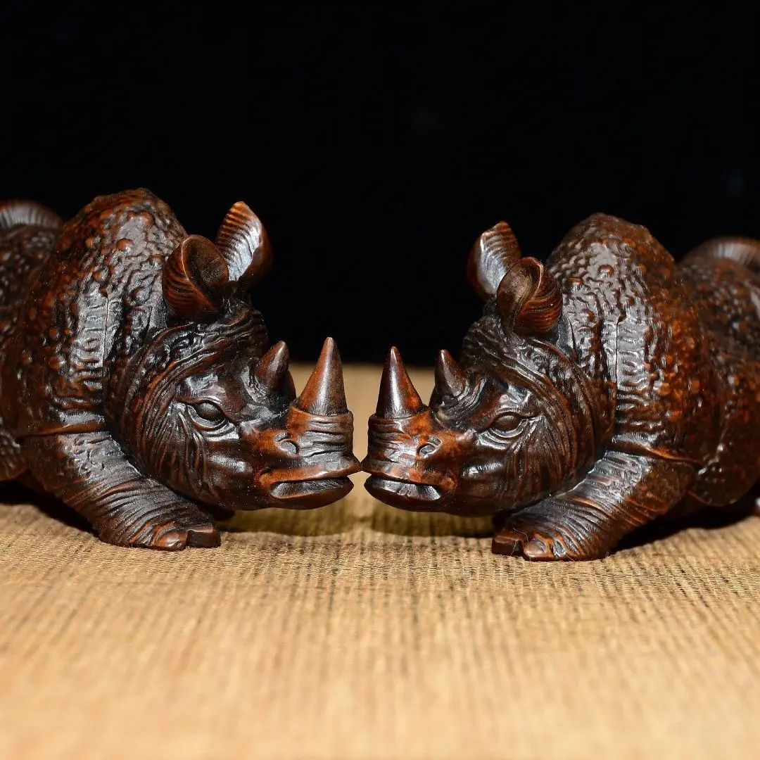 Hand Carved Wood Acute angle rhino Statue Figurine Desktop Ornaments Home Decoration