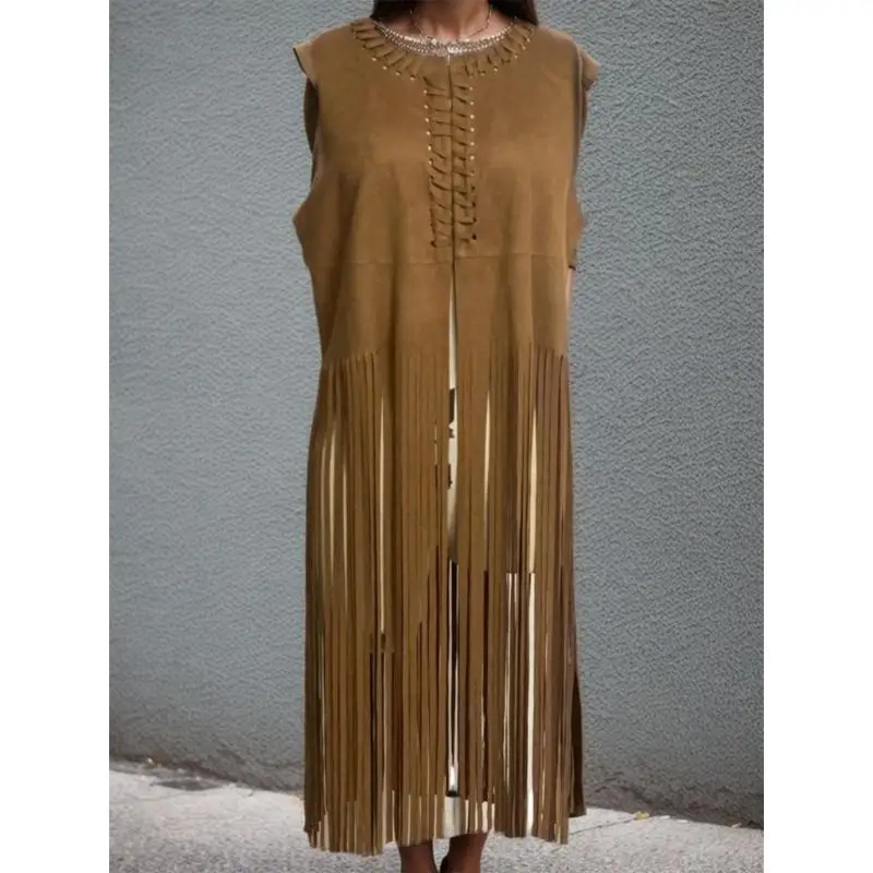 

652F Women Fringe Vest Faux Suedes Tassels 70s Hippie Clothes Open-Front Cardigan Sleeveless Vest Female Waistcoat Outwear