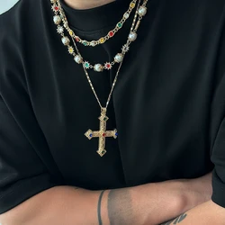 Salircon 3pcs/set Fashion Luxury Imitation Pearl Rhinestone Flower Beads Choker Necklace Men Exquisite Cross Pendant Jewelry