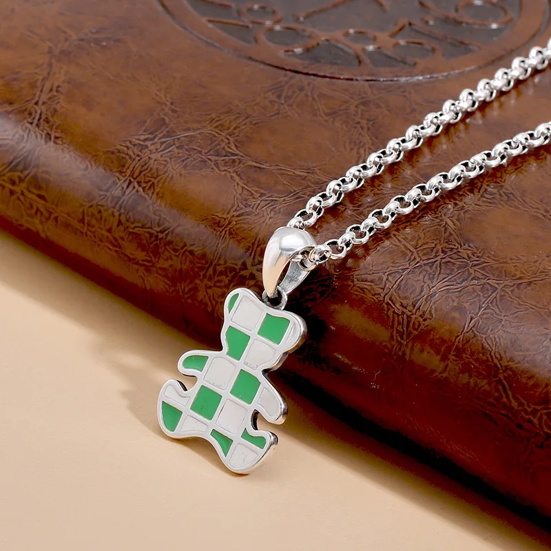 S925 sterling silver green and white plaid bear pendant female personality chessboard fashion fashionmonger pendant jewelry