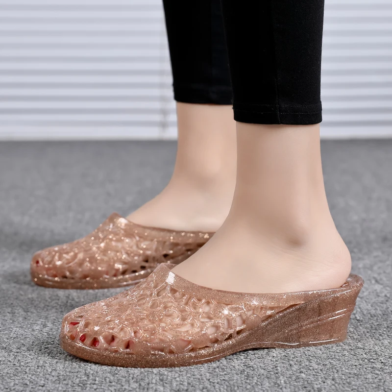 PUPUDA Women Slippers Protective Baotou Crystal Bottom Breathable Cool Jelly Shoes Ladies Summer Wedges Slippers Women Sandals